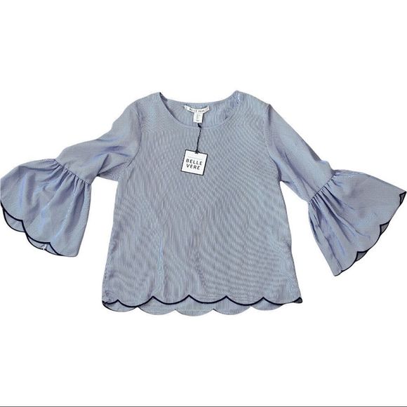 NWT Belle Vere Bell Sleeve Stripe Blouse Size small Blue/White - Picture 1 of 6